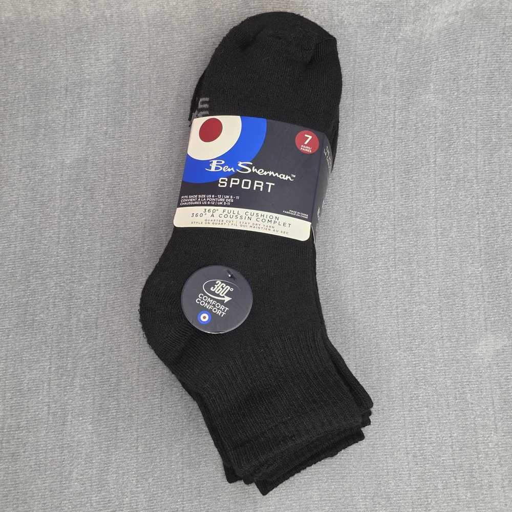 Ben Sherman Sport Socks Mens 6-12 Black 7 Pair Pack Quarter Cut Athletic Cushion
